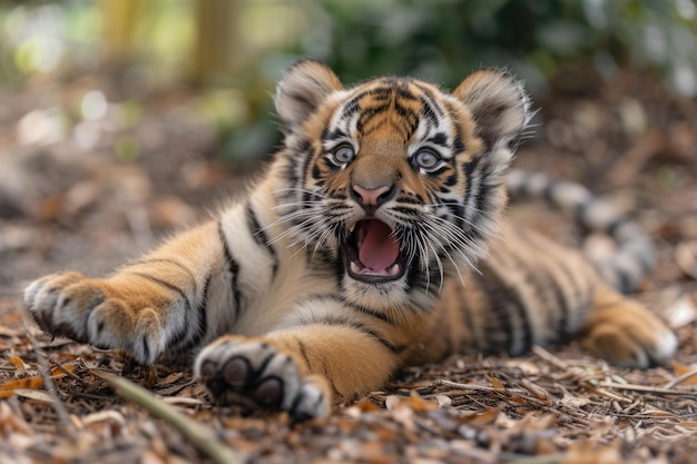 Foto um filhote de tigre brincalhão apanhado em um momento sincero que irradia curiosidade e alegria