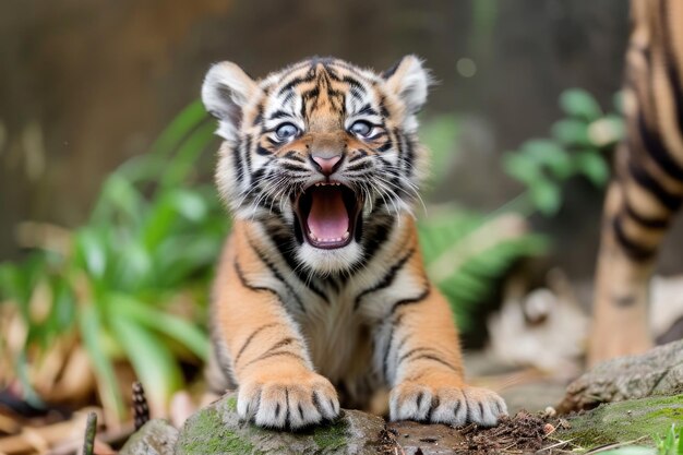 Foto um filhote de tigre brincalhão apanhado em um momento sincero que irradia curiosidade e alegria