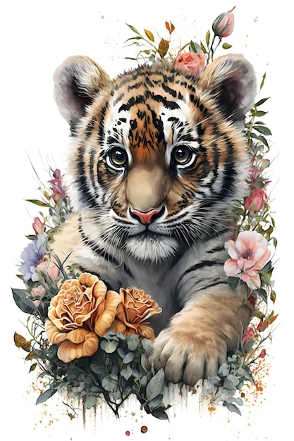 Um filhote de tigre com flores ao fundo