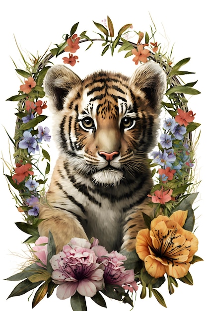 Um filhote de tigre com flores no meio