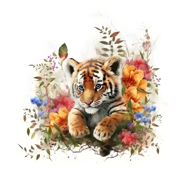 Um filhote de tigre é cercado por flores e folhas.
