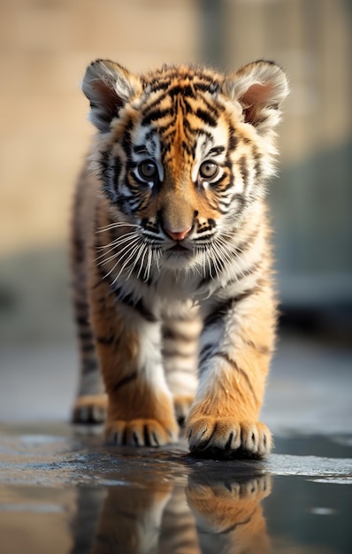 Foto um filhote de tigre está andando em um chão de concreto