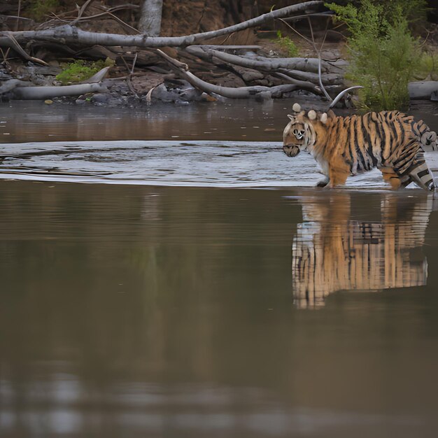 Foto um filhote de tigre está andando na água.