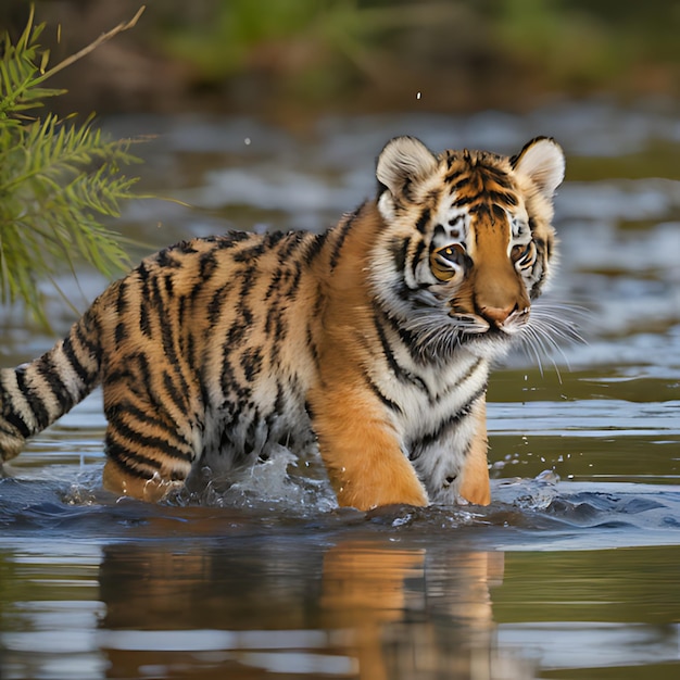 um filhote de tigre está na água e está nadando