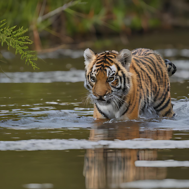 Um filhote de tigre está nadando na água.