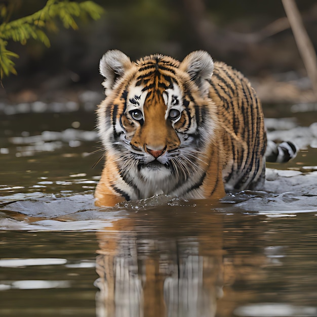 Um filhote de tigre está nadando na água.
