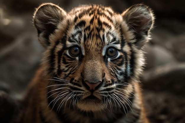 Um filhote de tigre está olhando para a câmera.