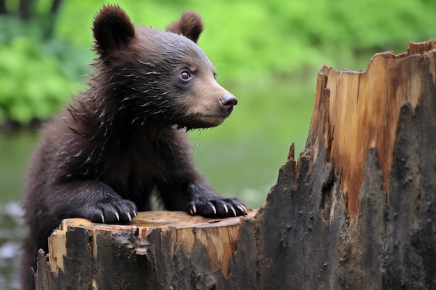 Um filhote de urso olhando com curiosidade para um tronco de árvore em chamas