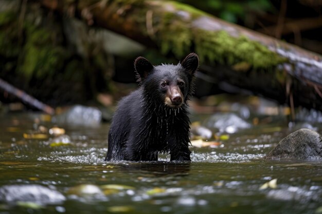 Um filhote de urso preto brincando em um rio raso Generative AI