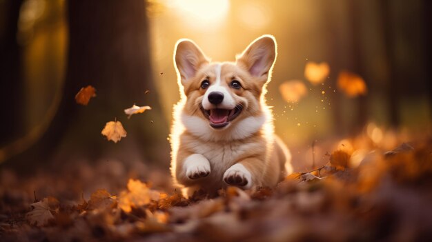 Um filhote de Welsh Corgi feliz corre pela grama e pela folhagem de outono no parque ao pôr do sol