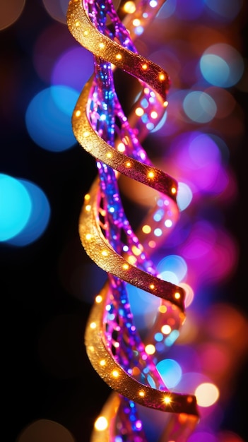 Foto um fio de dna iluminado colorido com um efeito bokeh ai