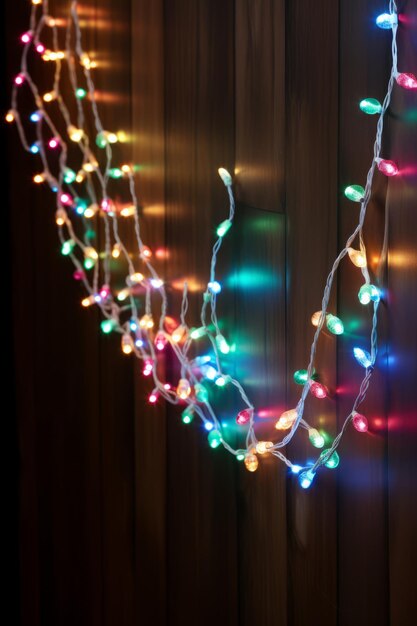 Um fio de luzes de Natal multicoloridas pendurado contra um fundo de madeira