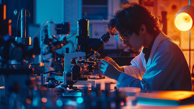 um físico conduzindo experiências em um laboratório de ponta cercado por equipamentos avançados