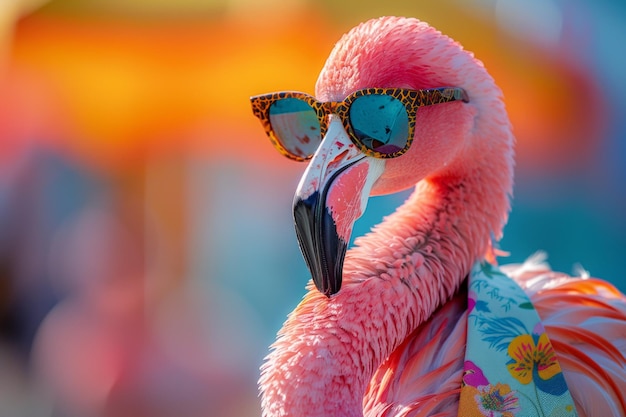 Um Flamingo com estilo funky com uma camisa casual de casaco colorido e tons escuros contra um fundo pastel suave criando uma IA criativa legal