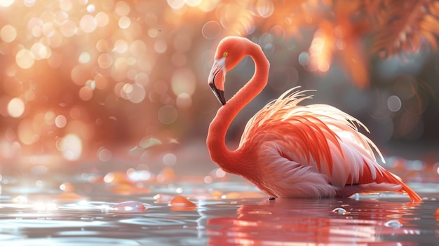 Um flamingo com penas que têm os tons suaves e delicados de um pêssego