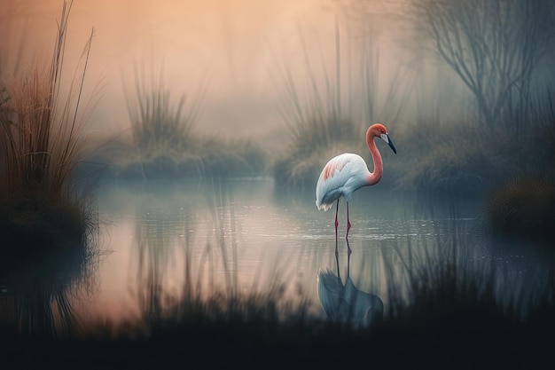Um flamingo de pé na água em um lago