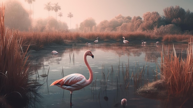 Um flamingo em um lago com palmeiras ao fundo