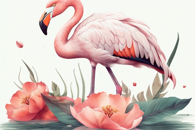 Um flamingo em uma lagoa com flores e folhas
