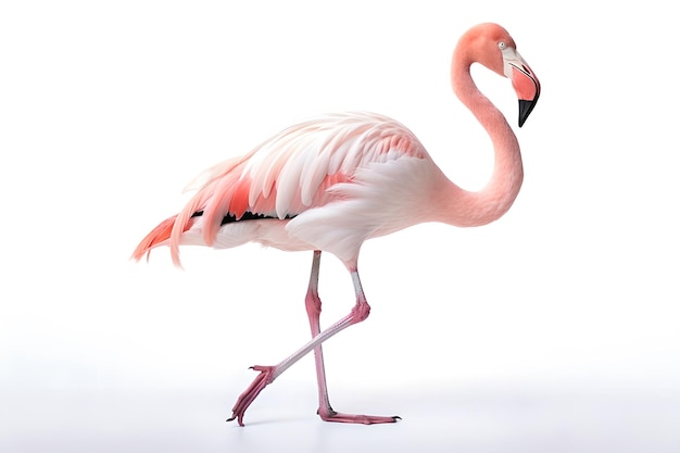 Um flamingo está de pé sobre um fundo branco.