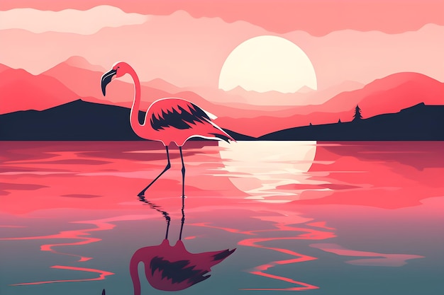 Um flamingo está em um lago com um pôr do sol ao fundo.