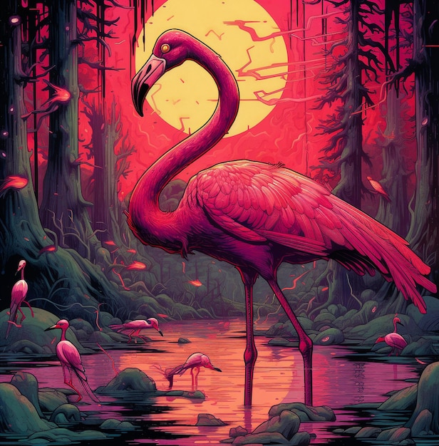 um flamingo está no meio de uma floresta com fundo vermelho.