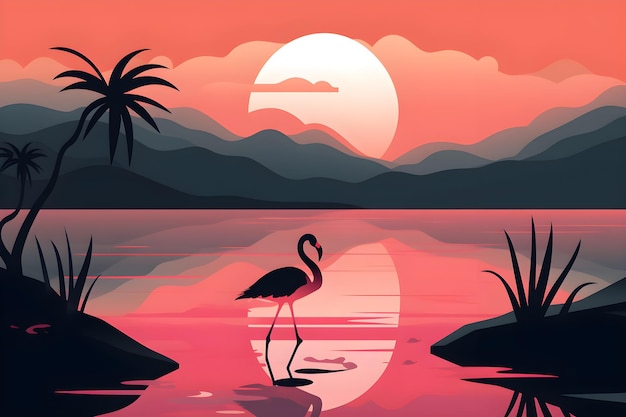 Um flamingo fica na água ao pôr do sol.