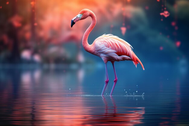 Um flamingo gracioso atravessando uma lagoa serena.