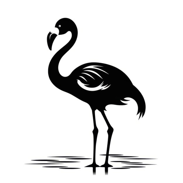 Um flamingo preto e branco de silhueta em pé na água