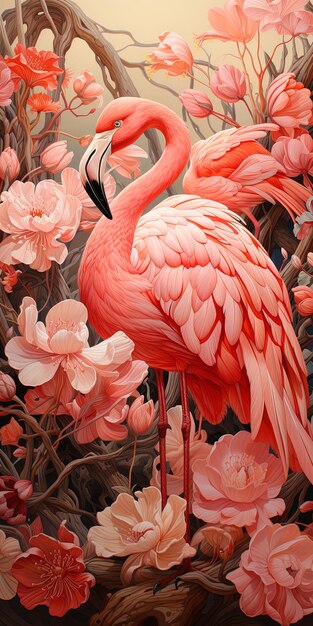 Foto um flamingo rosa com flores ao fundo