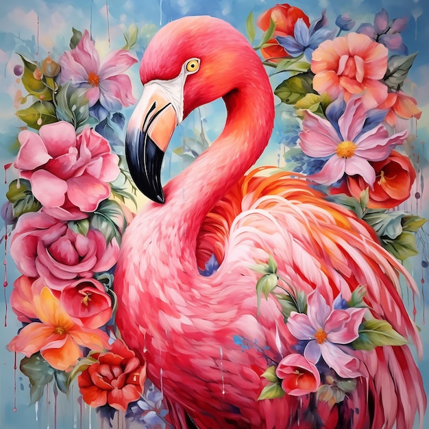 um flamingo rosa com flores e uma foto de um flamingo rosa