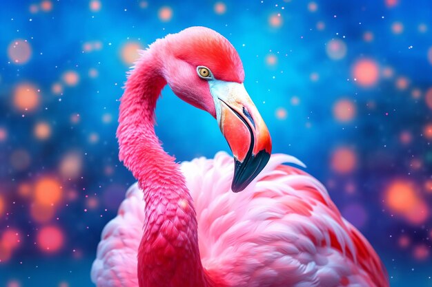 Um flamingo rosa com olhos amarelos e fundo azul