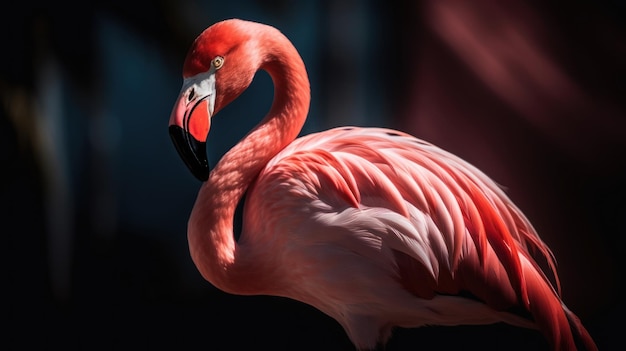 Um flamingo rosa com um olho roxo e um bico vermelho fica à luz do sol.