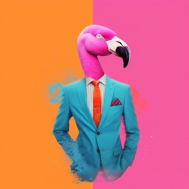 Um flamingo rosa com um terno azul e gravata laranja