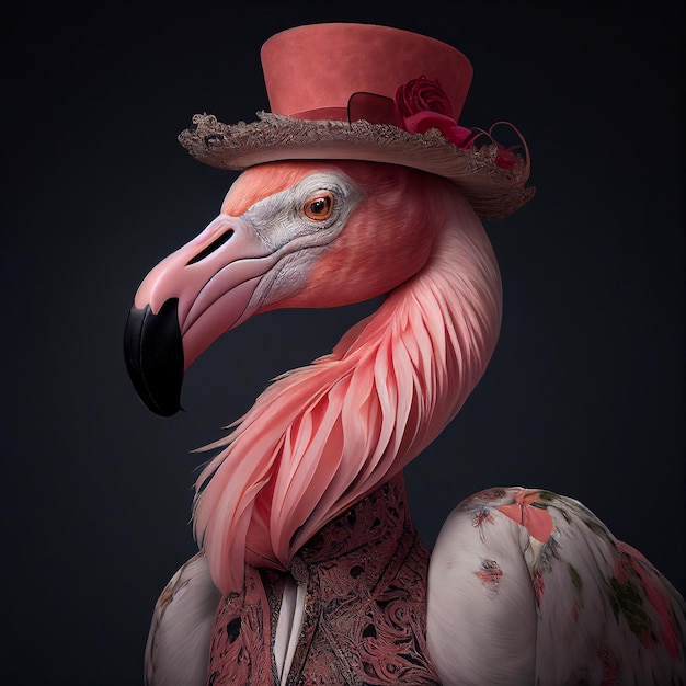 Um flamingo rosa com uma flor na cabeça e um chapéu com uma flor.