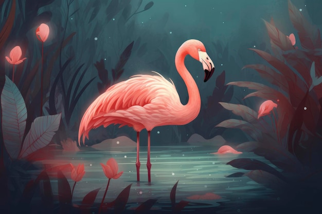 Um flamingo rosa em uma lagoa com um fundo azul e uma flor vermelha em primeiro plano.