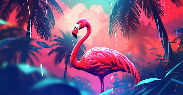 Um flamingo rosa em uma selva tropical com palmeiras ao fundo.