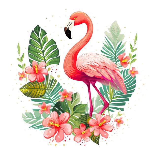 Foto um flamingo rosa está de pé com folhas verdes flores tropicais ilustração plana design de verão