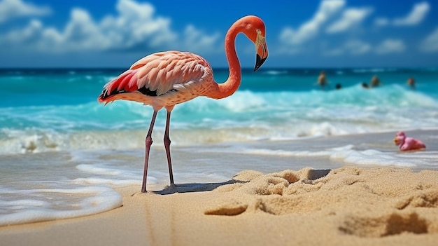 Foto um flamingo rosa está de pé em águas rasas