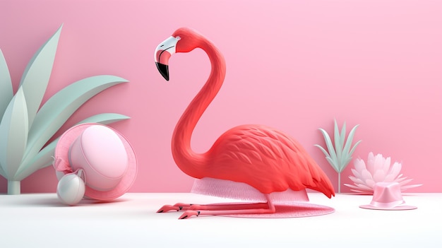 Um flamingo rosa está na frente de um ovo de Páscoa rosa.