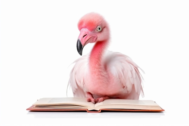 um flamingo rosa sentado em cima de um livro aberto