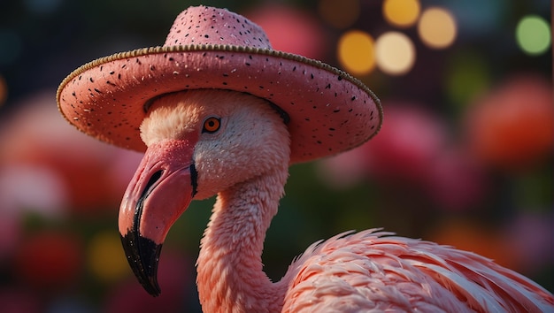 Foto um flamingo rosa usando um sombrero mexicano contra um fundo de cor brilhante