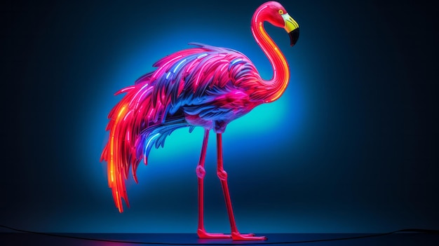 Um flamingo rosa vibrante de pé numa sala mal iluminada