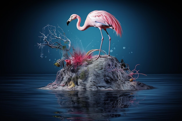 Um flamingo surrealista com penas de pavão em rocha flutuante