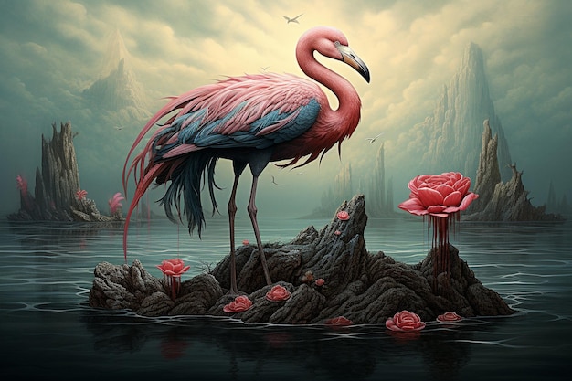 Um flamingo surrealista com penas de pavão em rocha flutuante