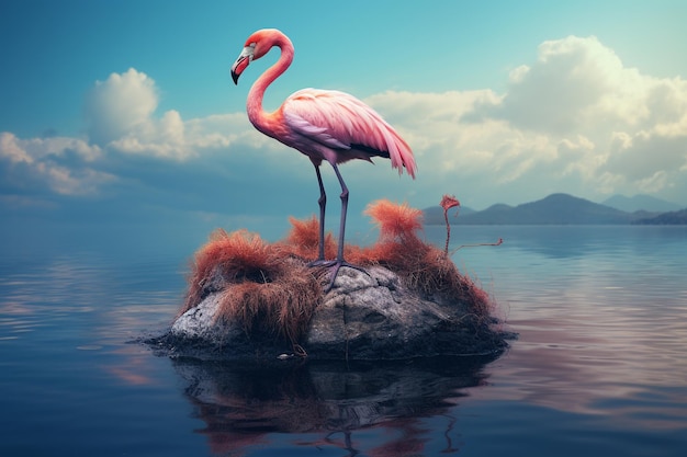 Um flamingo surrealista com penas de pavão em rocha flutuante