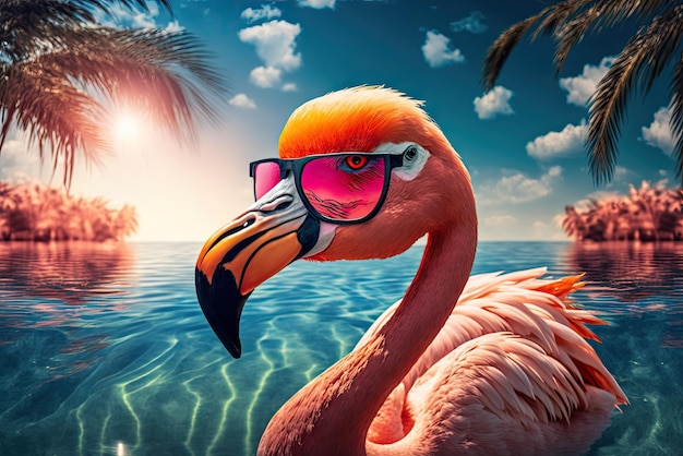 Um flamingo usando óculos escuros parado na água ai generative