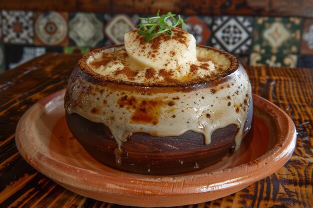 Foto um flan adornado com um pouco de açúcar em pó e uma pitada de canela moída