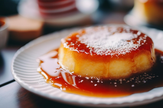 Foto um flan adornado com um pouco de açúcar em pó para a doçura