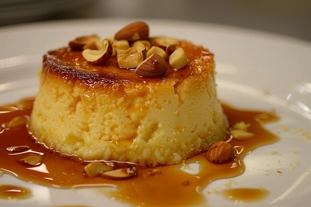 Foto um flan adornado com uma pitada de nozes picadas para riqueza