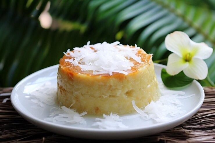 Foto um flan de coco com uma pitada de abacaxi triturado para a doçura